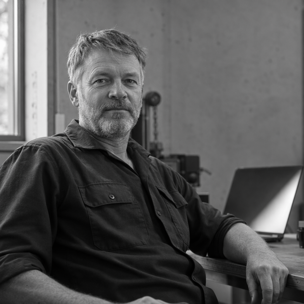 Man vid ett skrivbord i ett verkstadskontor